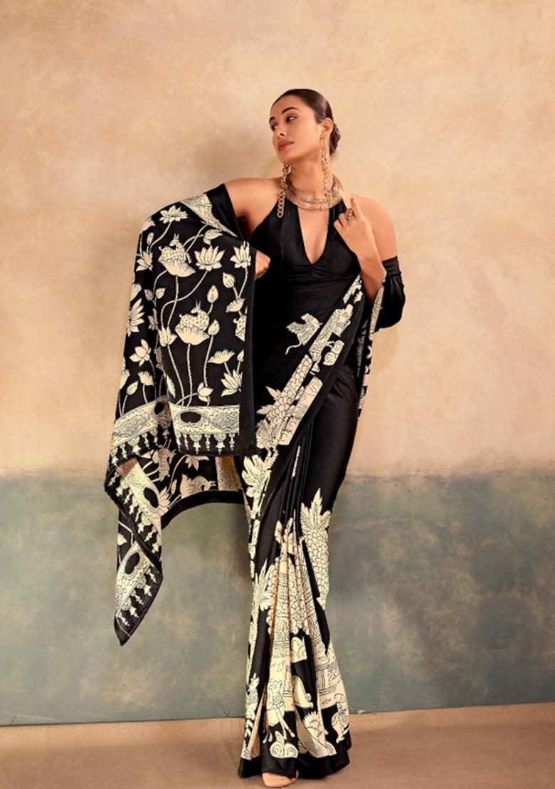 Black Printed Silk Blend Saree Set - Indya