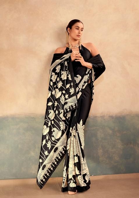 Black Printed Silk Blend Saree Set