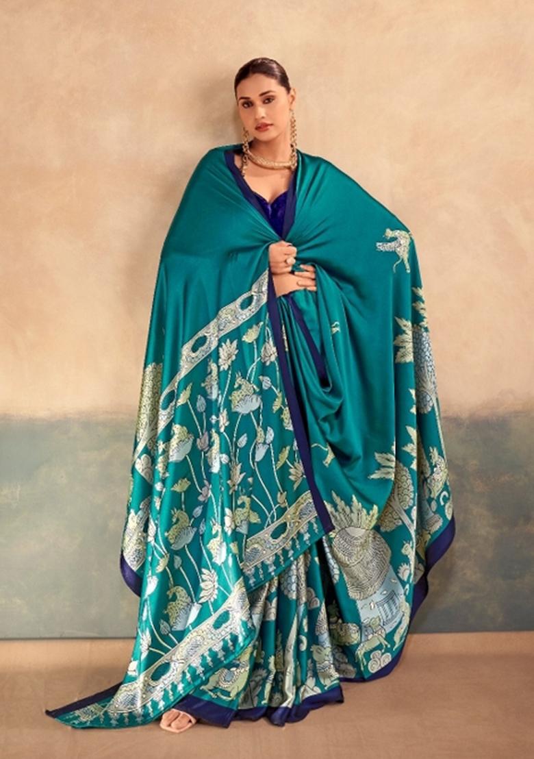 Firozi Printed Silk Blend Saree Set - Indya