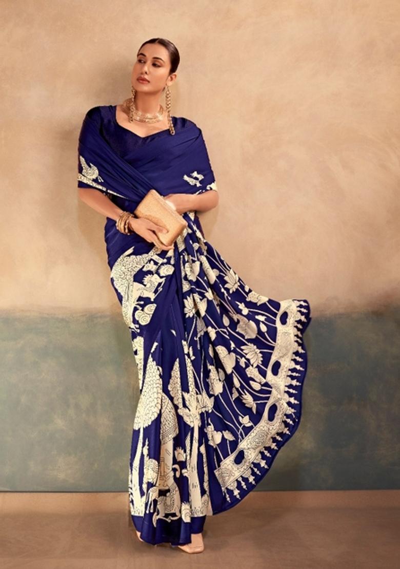 Navy Blue Printed Silk Blend Saree Set - Indya