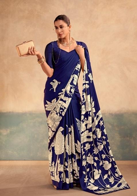 Navy Blue Printed Silk Blend Saree Set