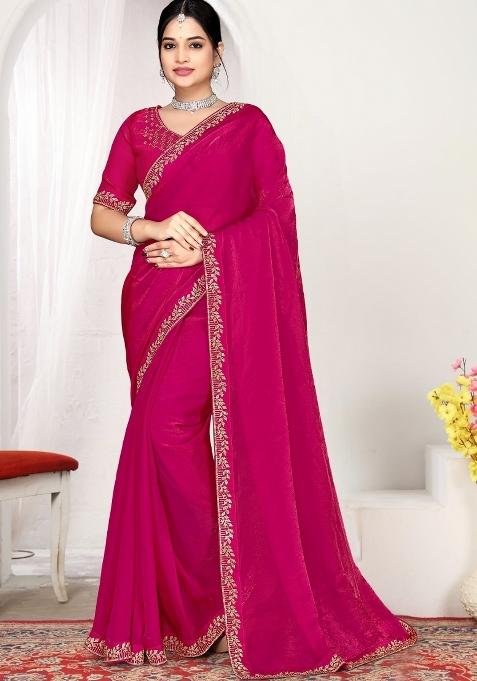 Rani Pink Zircon Work Silk Blend Saree Set