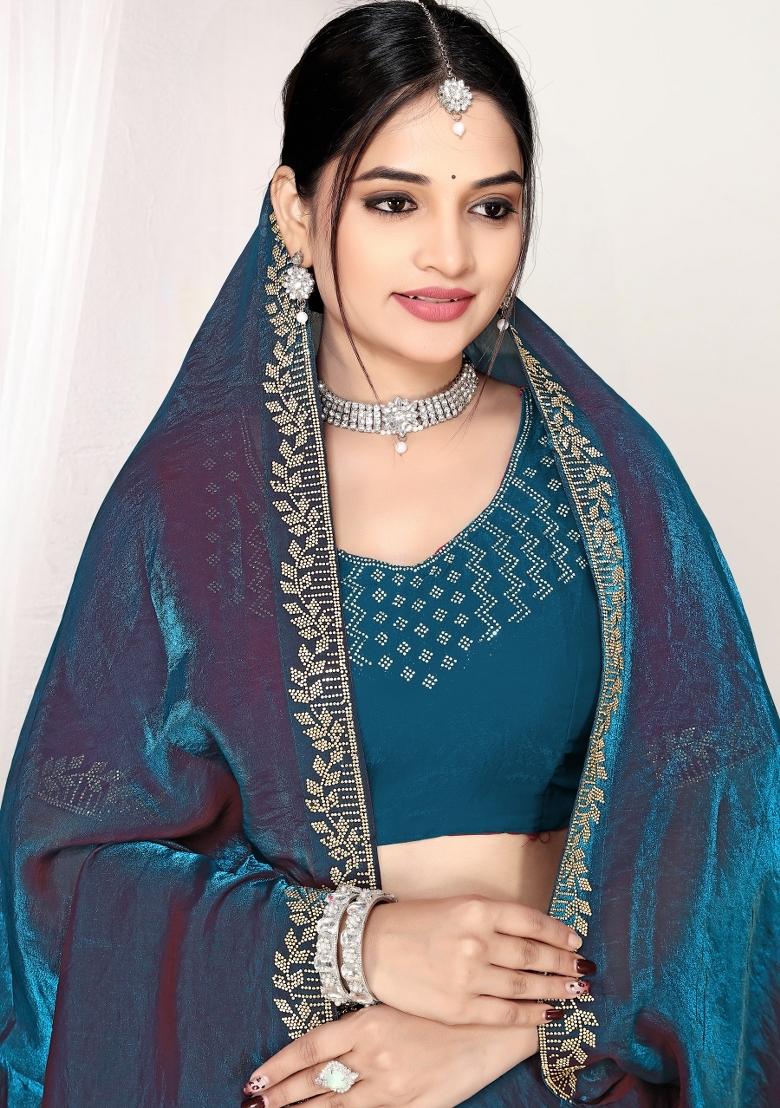 Morpeach Zircon Work Silk Blend Saree Set - Indya