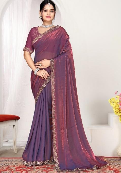 Dusty Purple Zircon Work Silk Blend Saree Set