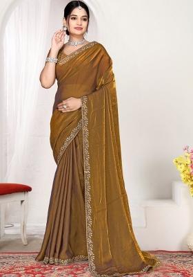 Golden Zircon Work Silk Blend Saree Set