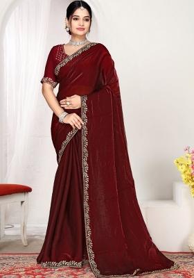 Maroon Zircon Work Silk Blend Saree Set