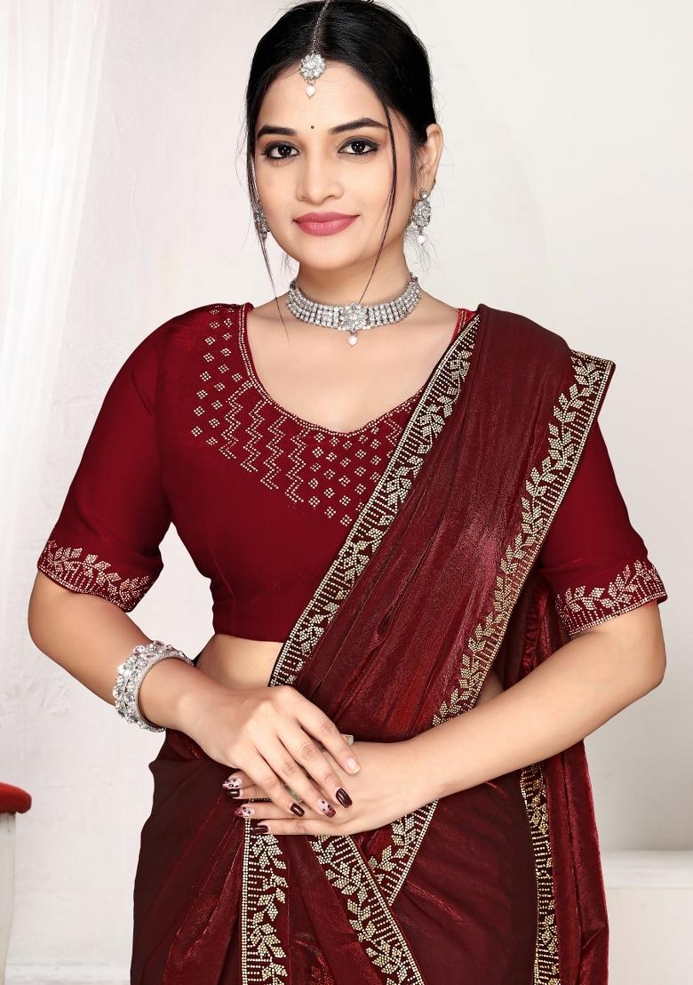 Maroon Zircon Work Silk Blend Saree Set - Indya