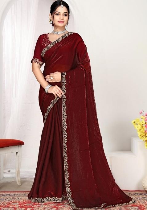 Maroon Zircon Work Silk Blend Saree Set
