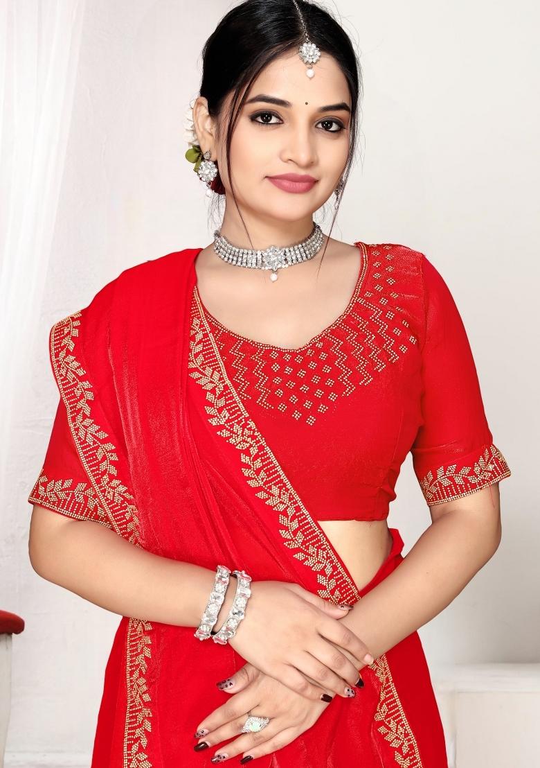 Red Zircon Work Silk Blend Saree Set - Indya