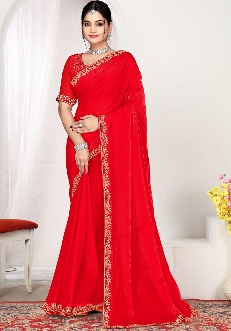 Red Zircon Work Silk Blend Saree Set
