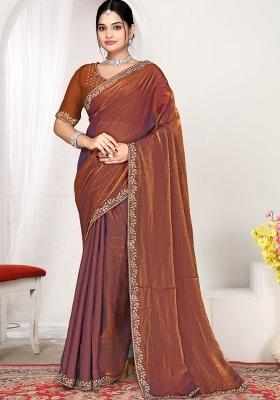 Rust Zircon Work Silk Blend Saree Set