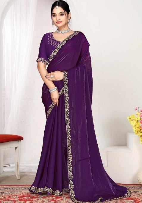 Purple Zircon Work Silk Saree Set