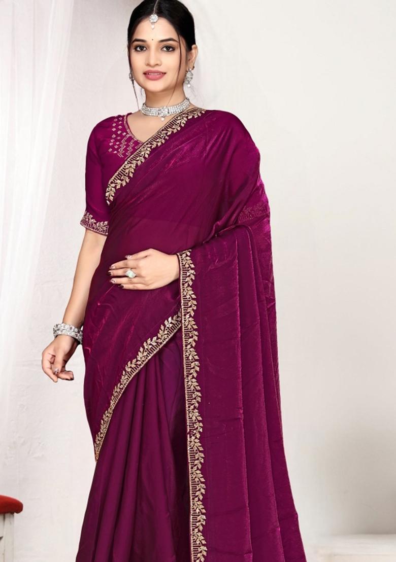 Wine Zircon Work Silk Blend Saree Set - Indya