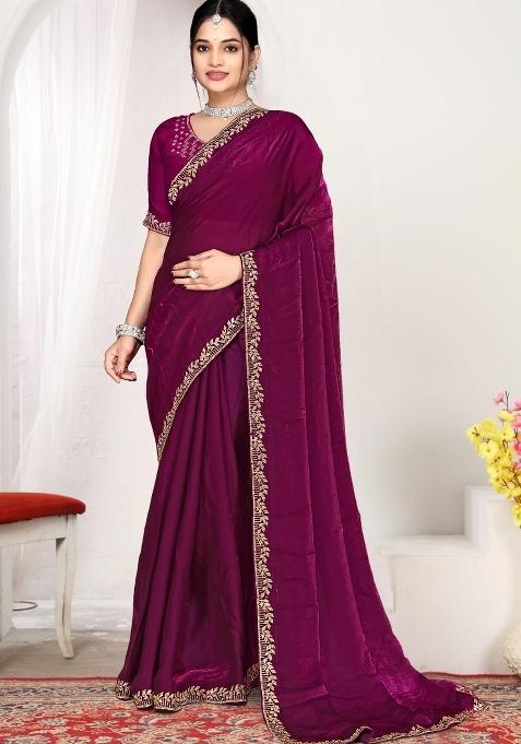 Wine Zircon Work Silk Blend Saree Set