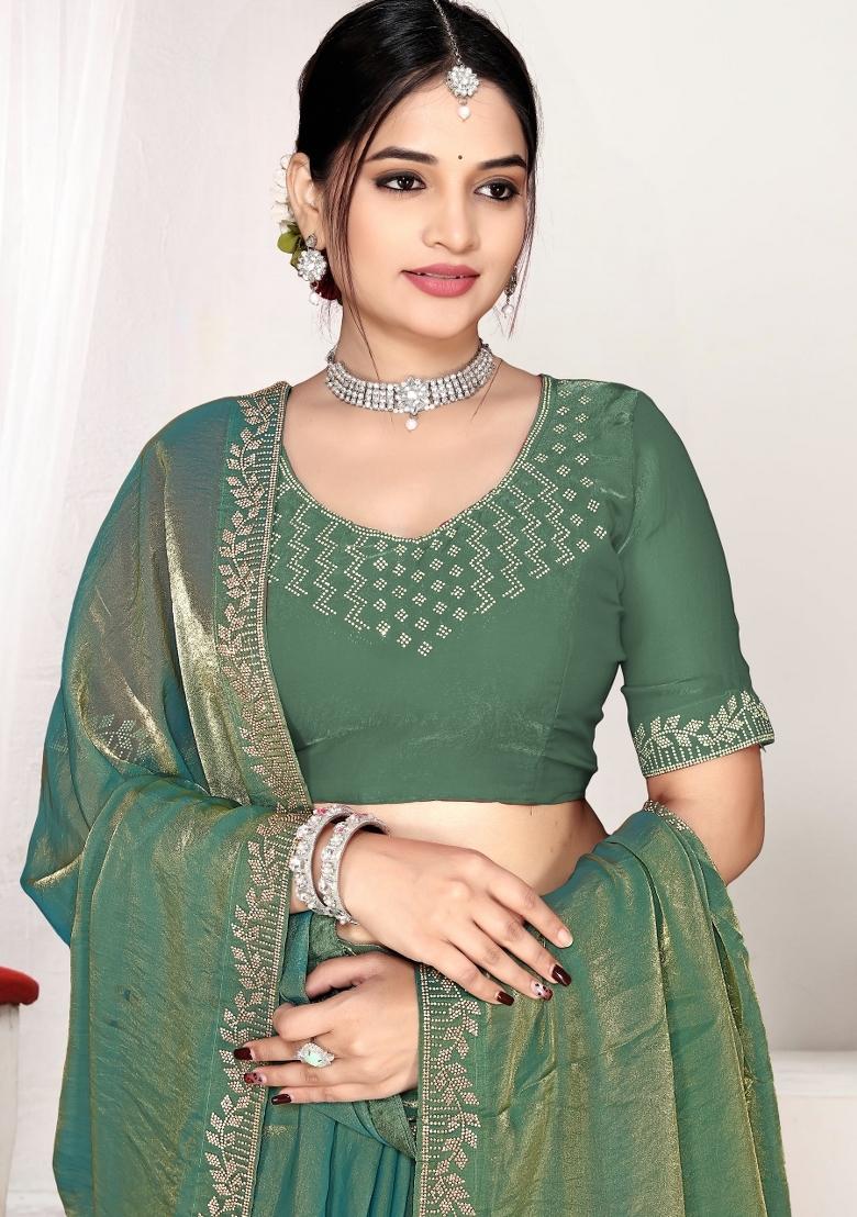Ice Blue Zircon Work Silk Blend Saree Set - Indya