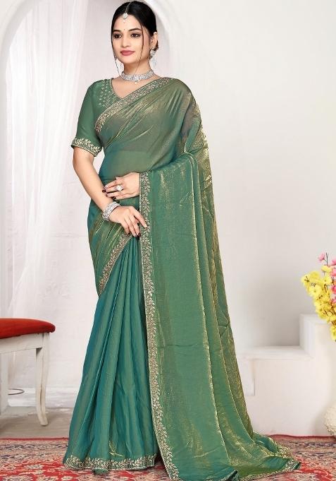 Ice Blue Zircon Work Silk Blend Saree Set