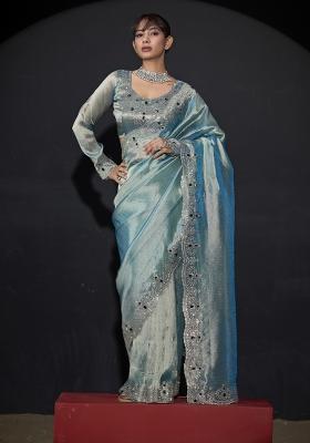 Sky Blue Hand Work Silk Blend Saree Set