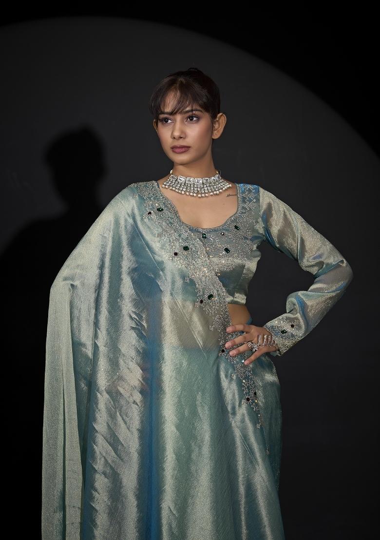 Sky Blue Hand Work Silk Blend Saree Set - Indya