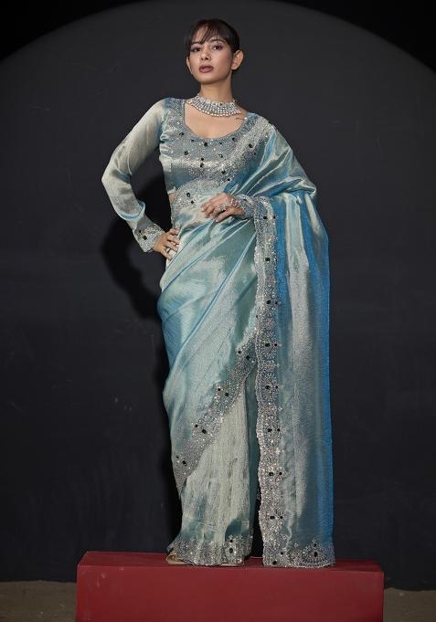 Sky Blue Hand Work Silk Saree Set