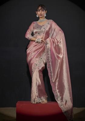 Pink Hand Work Silk Blend Saree Set