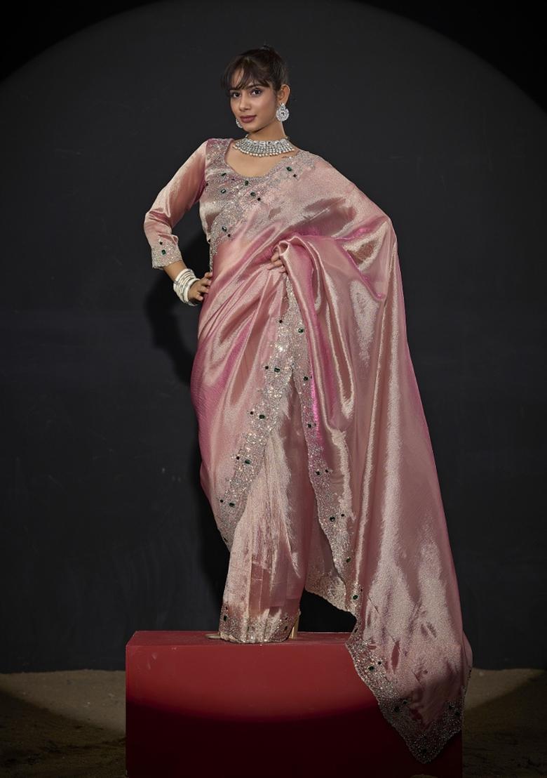 Pink Hand Work Silk Blend Saree Set - Indya