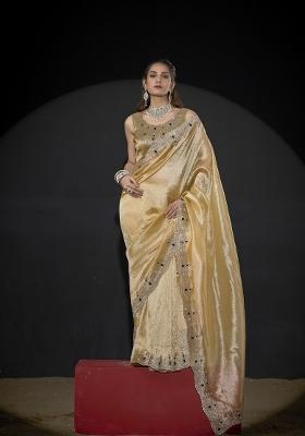 Dusty Yellow Hand Work Silk Blend Saree Set