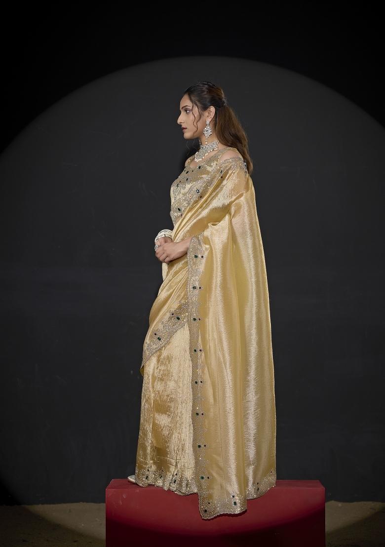 Dusty Yellow Hand Work Silk Blend Saree Set - Indya