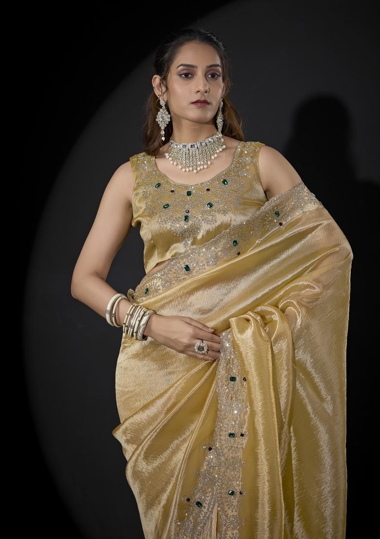Dusty Yellow Hand Work Silk Blend Saree Set - Indya