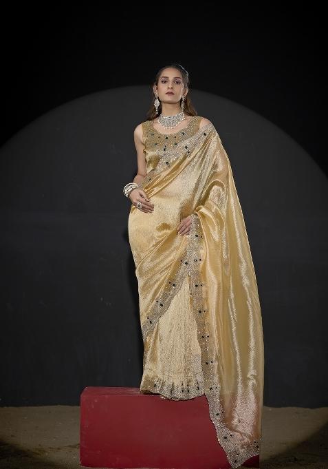 Dusty Yellow Hand Work Silk Blend Saree Set