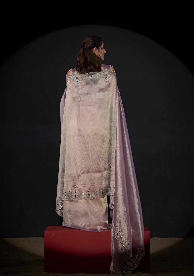 Lavender Hand Work Silk Blend Saree Set - Indya