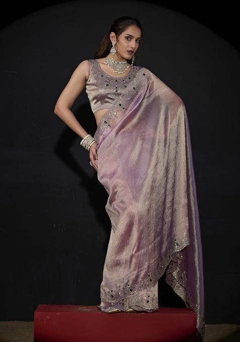 Lavender Hand Work Silk Saree Set