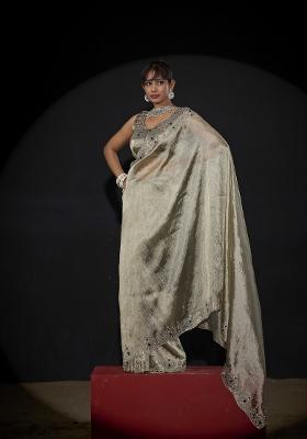 Pista Hand Work Silk Blend Saree Set