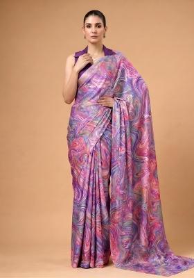 Multicolor Printed Silk Blend Saree Set