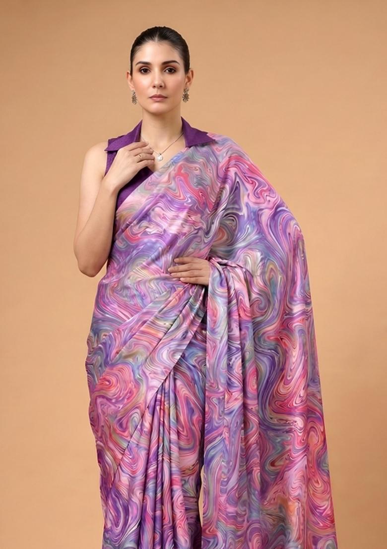 Multicolor Printed Silk Blend Saree Set - Indya