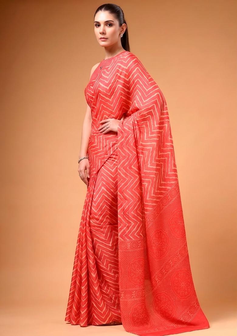 Red Printed Silk Blend Saree Set - Indya