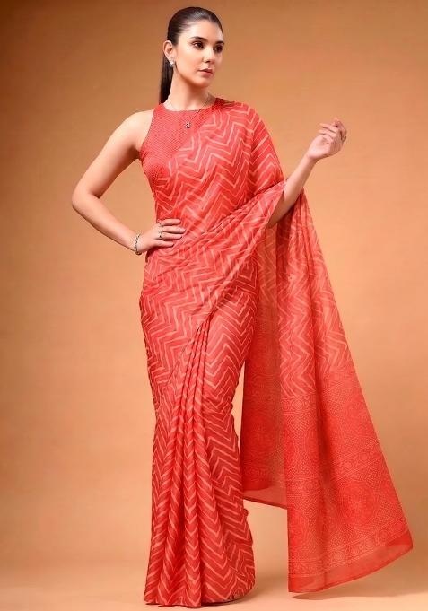 Red Printed Silk Saree Set