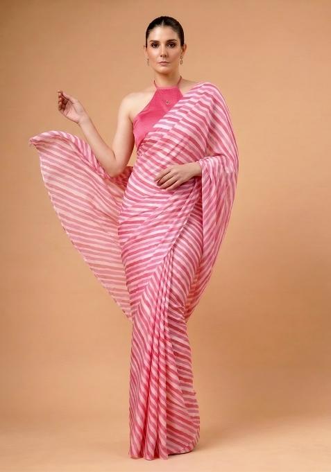 Pink Printed Silk Blend Saree Set