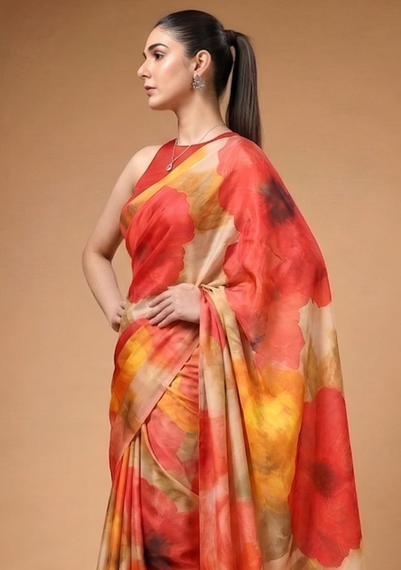 Multicolor Printed Silk Blend Saree Set - Indya