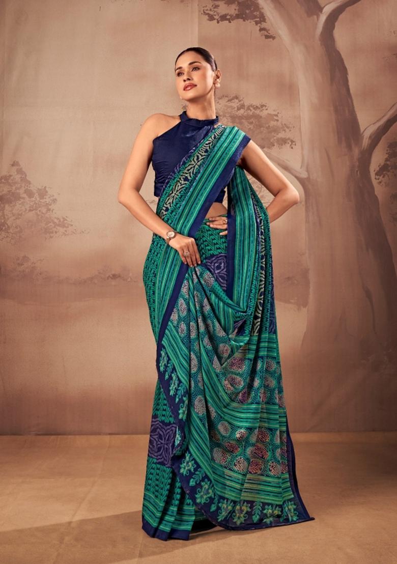 Multicolor Printed Cotton Saree Set - Indya
