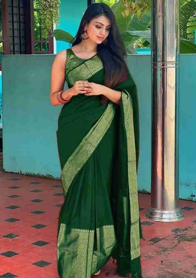 Green Jacquard Silk Blend Saree Set - Indya