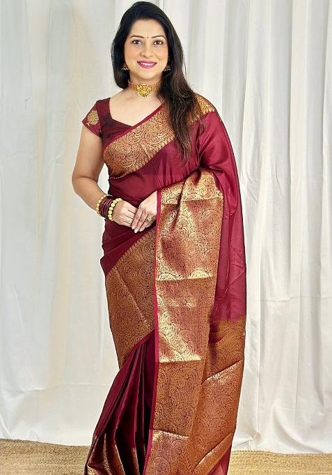 Maroon Jacquard Silk Blend Saree Set