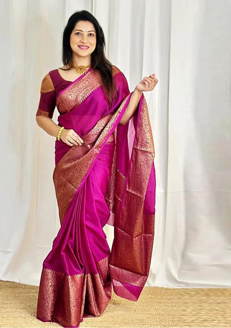 Magenta Jacquard Silk Blend Saree Set - Indya