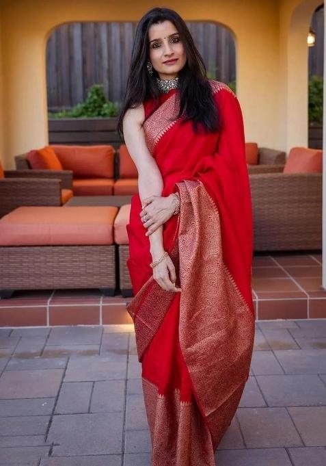 Red Jacquard Silk Blend Saree Set