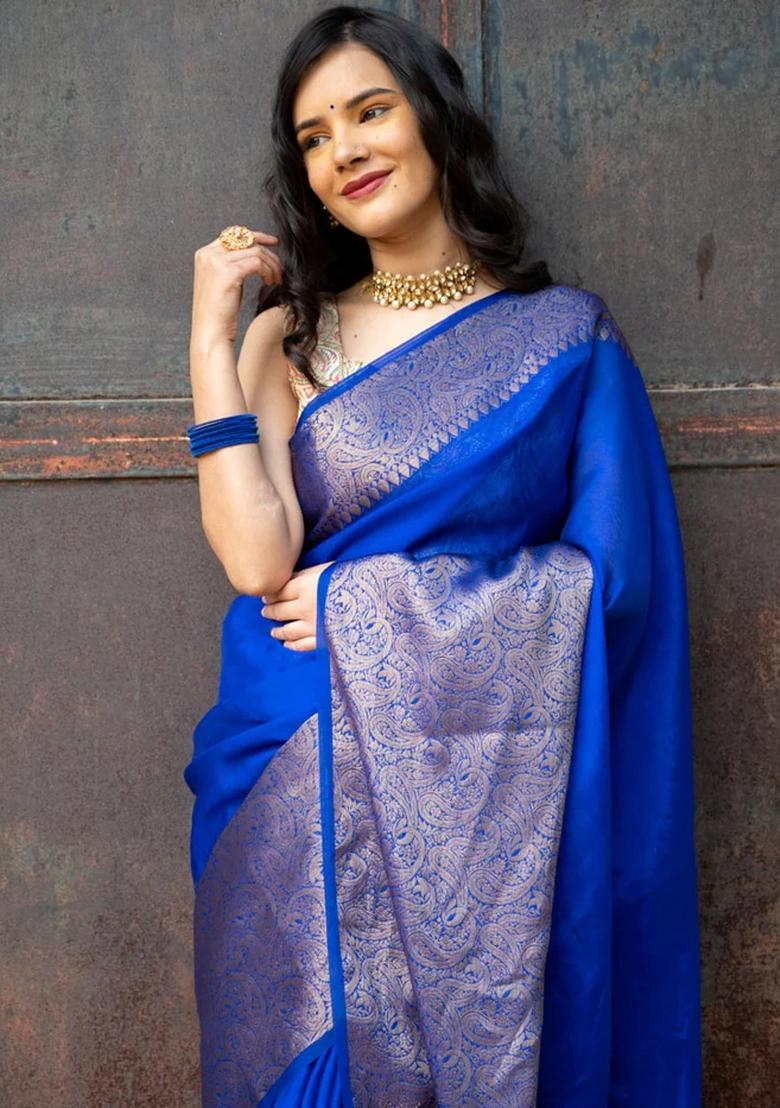 Royal Blue Jacquard Silk Blend Saree Set - Indya