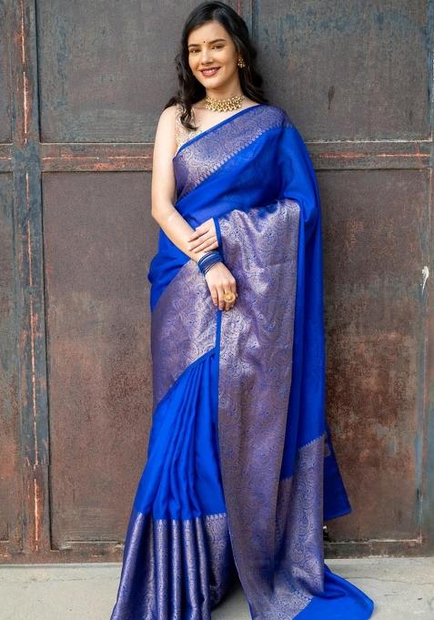 Royal Blue Jacquard Silk Saree Set