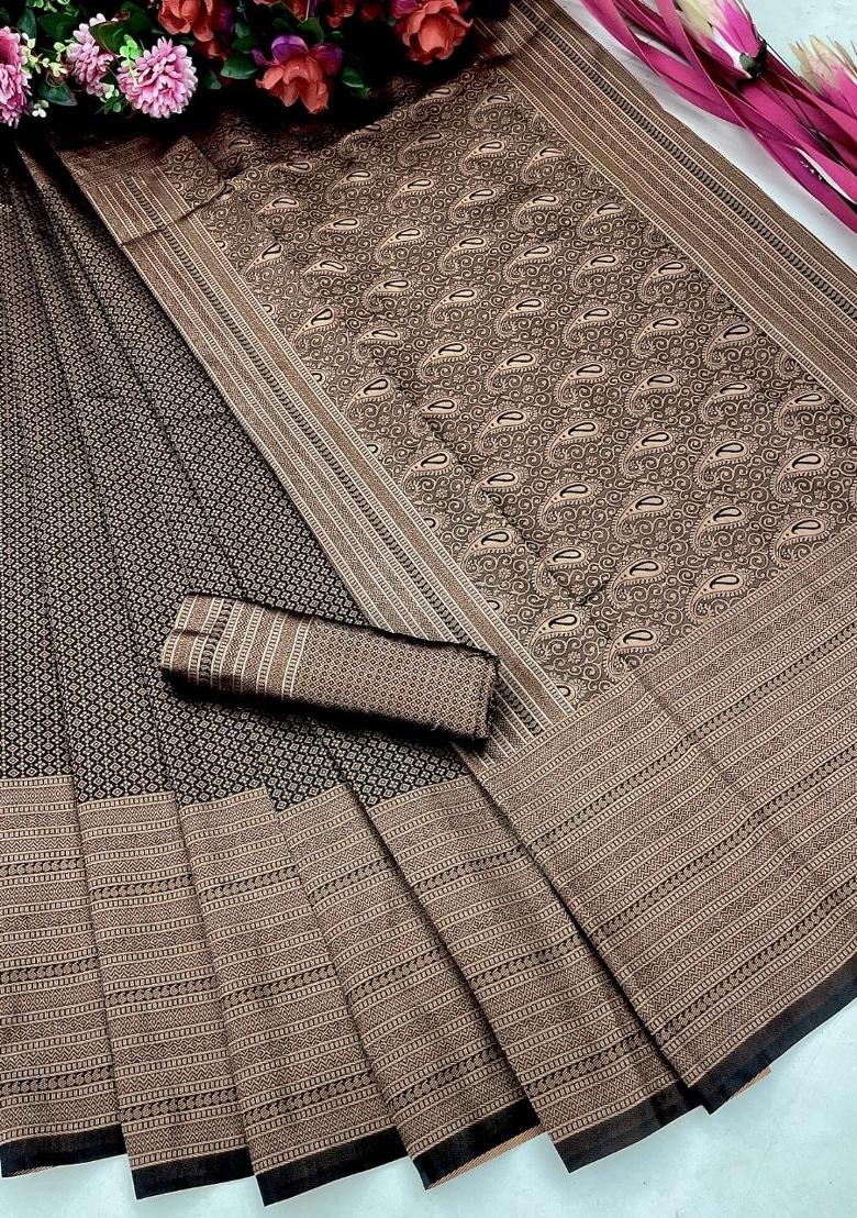 Black Jacquard Silk Blend Saree Set - Indya