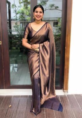 Navy Blue Jacquard Silk Blend Saree Set