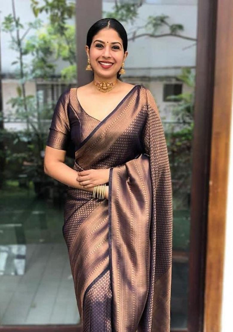 Navy Blue Jacquard Silk Blend Saree Set - Indya
