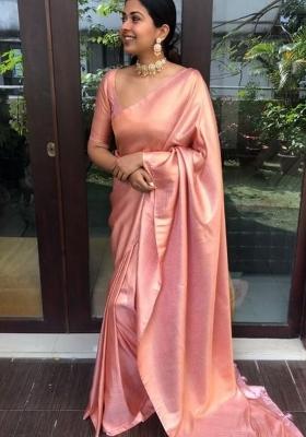 Peach Jacquard Silk Blend Saree Set