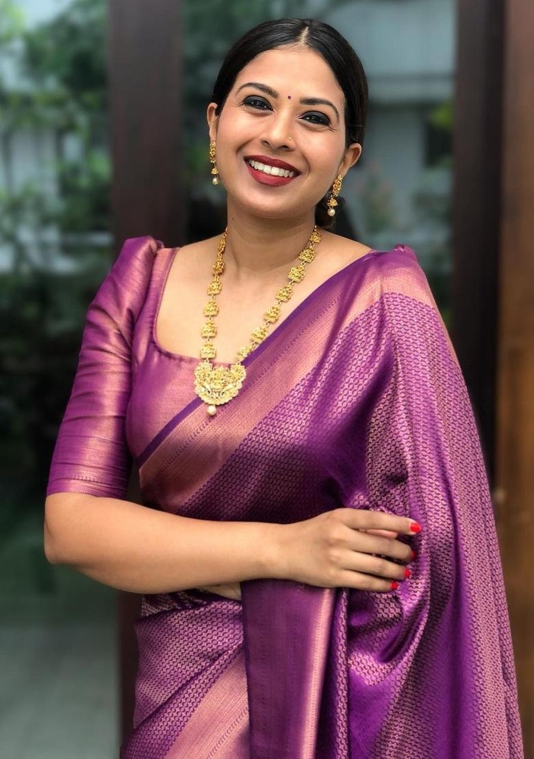 Purple Jacquard Silk Blend Saree Set - Indya